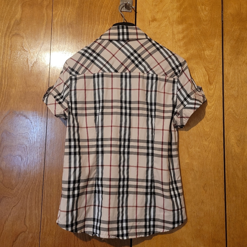 Burberry Beige, Black & Red Plaid Short Sleeve Button Down Shirt - Picture 9 of 15